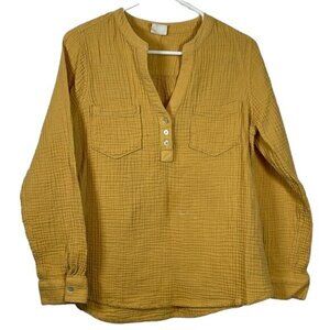 Women's Mote Gauzy Popover V-Neck Button Long Sleeve Mustard Shirt Size Large